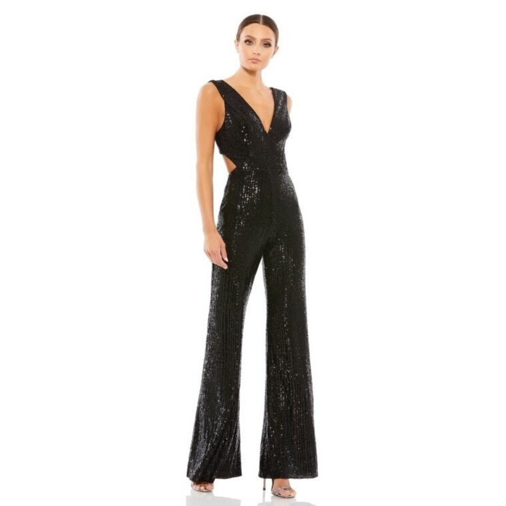 Ieena for Mac Duggal Womens Black‎ Sequin Cutout Wide Leg Jumpsuit swiftie